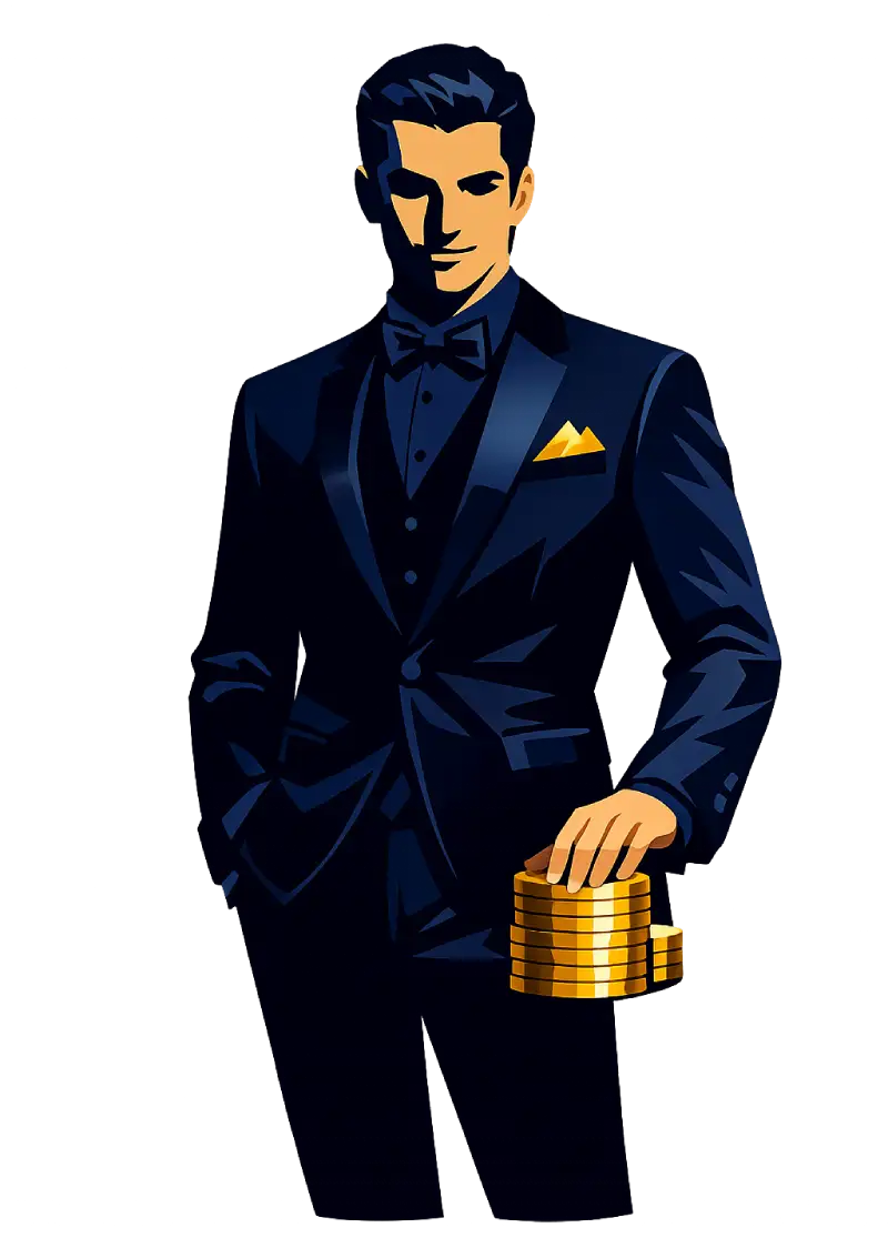 RockySpin Casino dealer — confident figure in navy suit holding gold coins